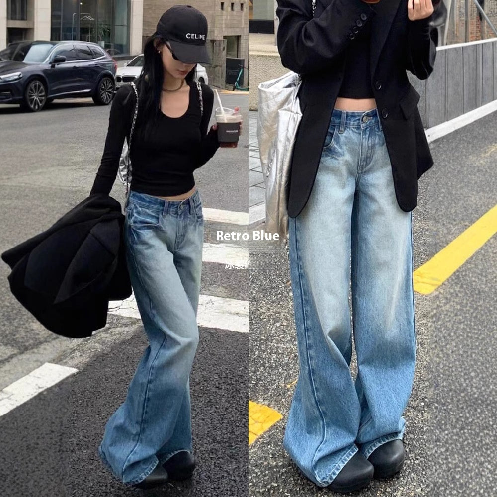 Jean large en jean taille haute style rétro américain pour femme, été