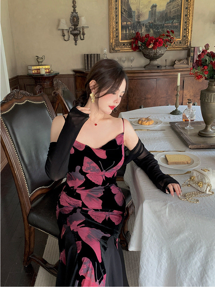 High-grade Adult Lady Like Woman Wind Flocked Printed Butterfly Dress