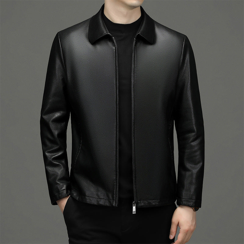 Men's Lapel Real Cowhide Leather Coat Jacket Ecological
