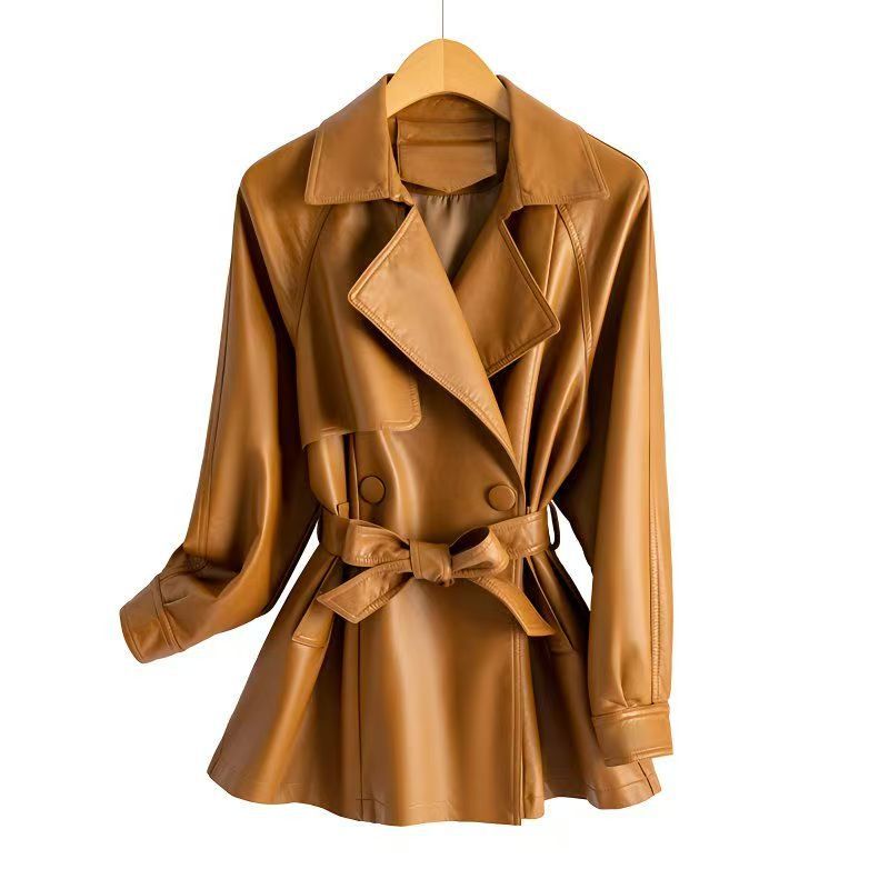 Women's Large Size Loose Fit PU Leather Windbreaker Jacket Waist-Flattering