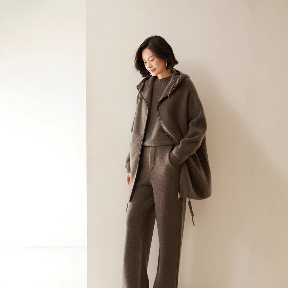 Pantalon large en cachemire tricoté, épais et fluide, à jambes droites et taille haute, flatteur pour la silhouette, pour femme