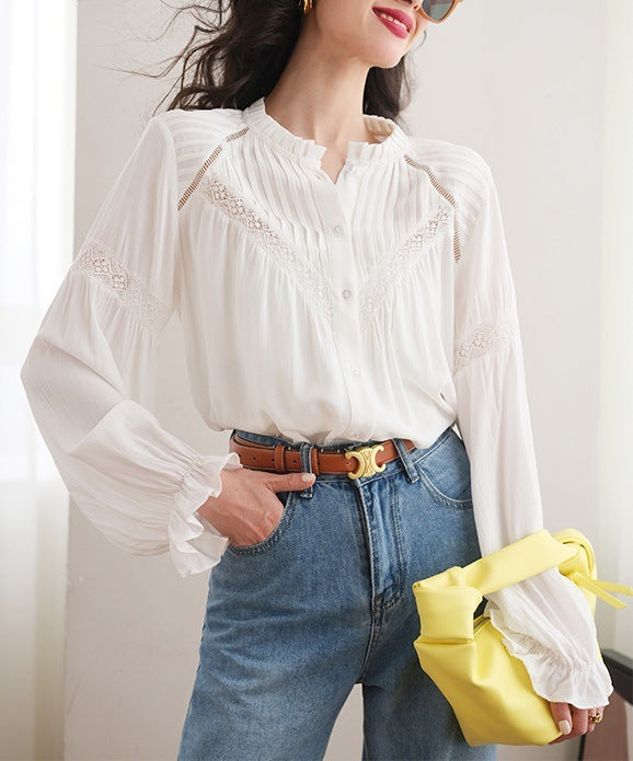 White Patchwork French Style Shirt with Lantern Sleeves