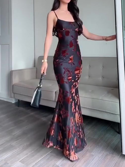 Flocked Slim Fit Strappy Maxi Dress