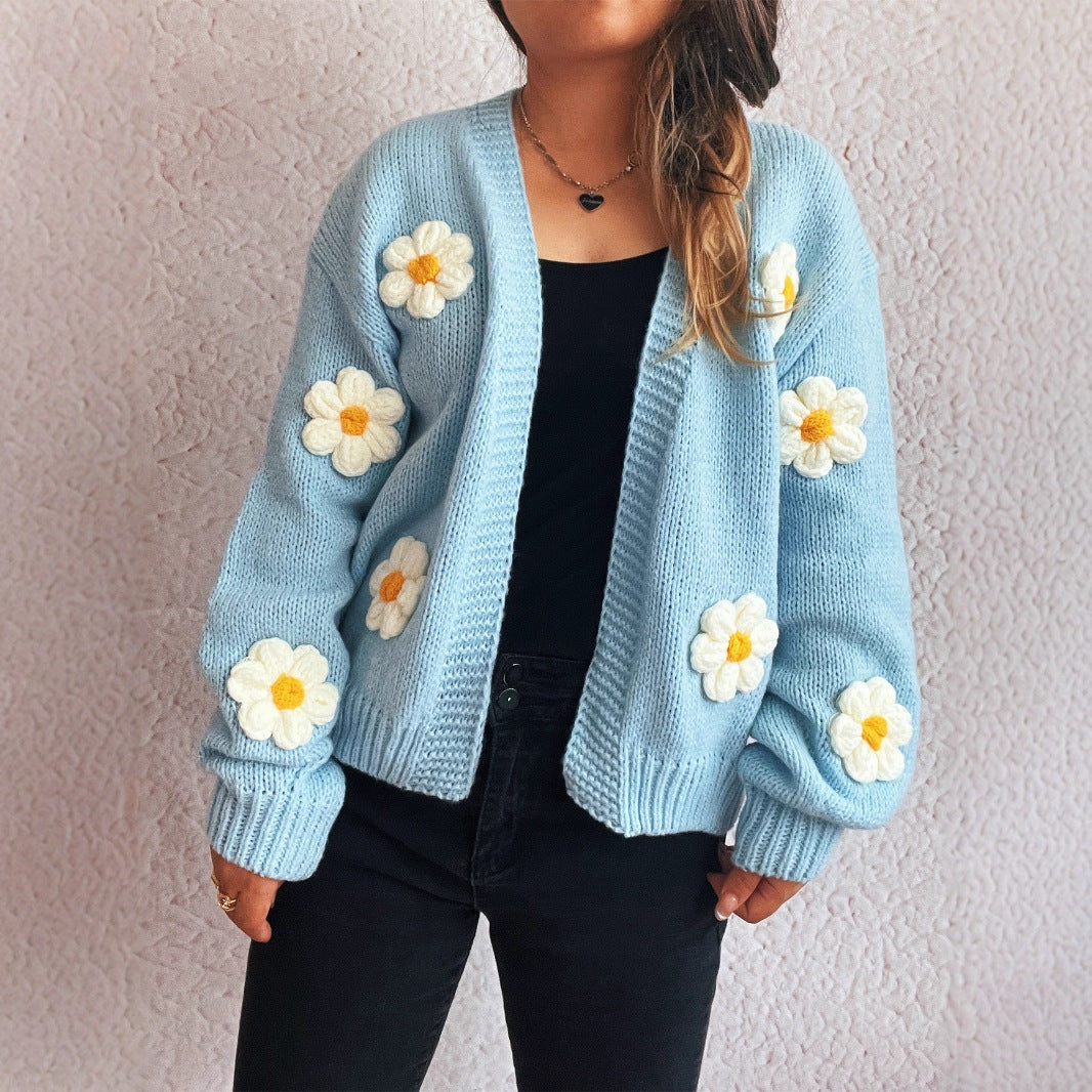 Casual Knitted V-neck Stitching Flower Cardigan Sweater