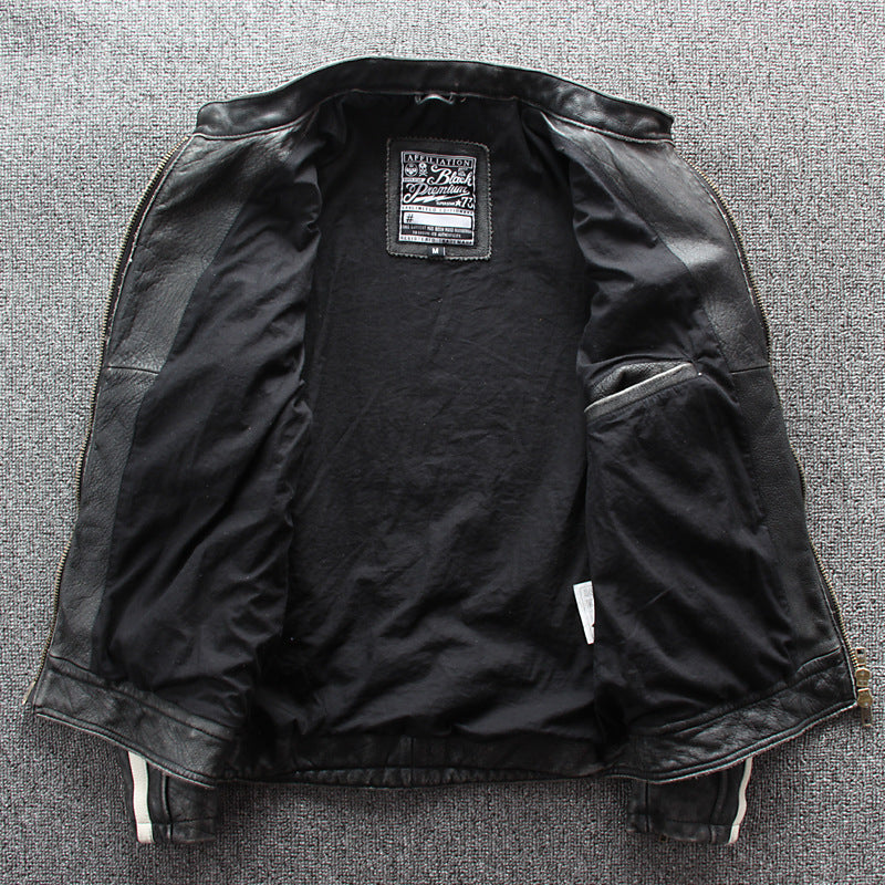 Men's Gray Cow Leather Motorcycle Jacket with Standing Collar