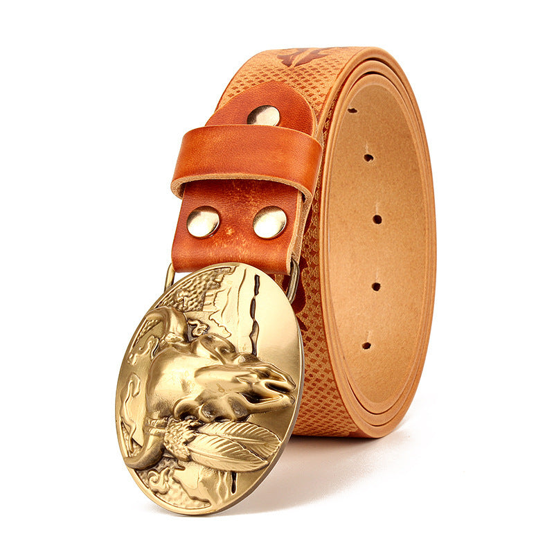 Men's Ethnic Leather Belt Oval Copper Buckle First Layer Cowhide