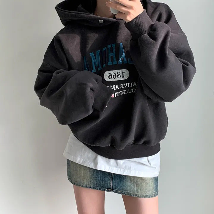 Dongdaemun Letter Embroidered Velvet Padded Thick Sweater Free Size