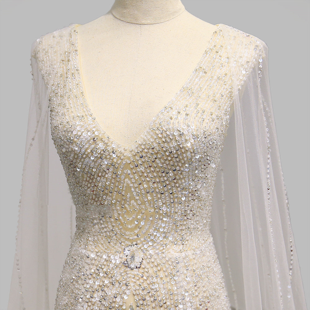Robe de Soirée en Maille Champagne Personnalisée pour Femme avec Perles Clous