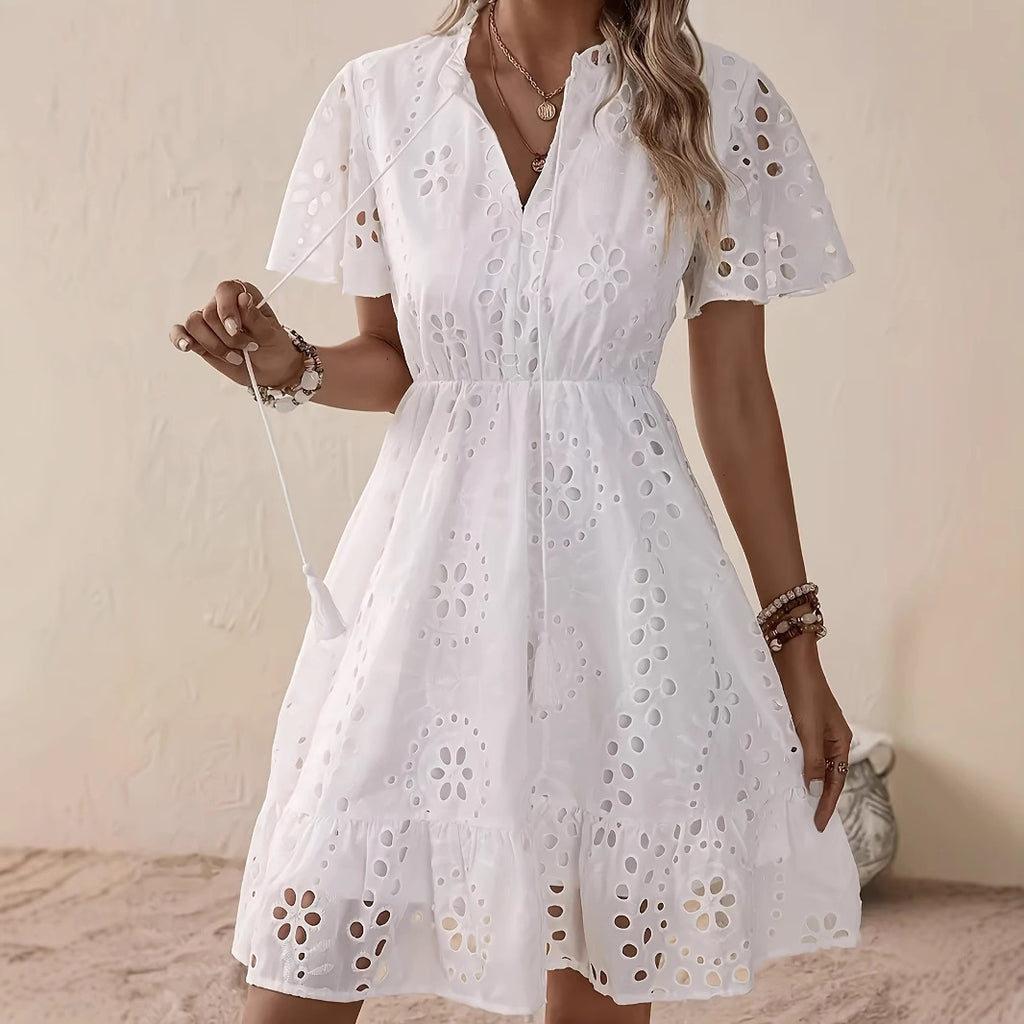 Women's White V-Neck Lace Embroidery Chenille Mini Summer Dress