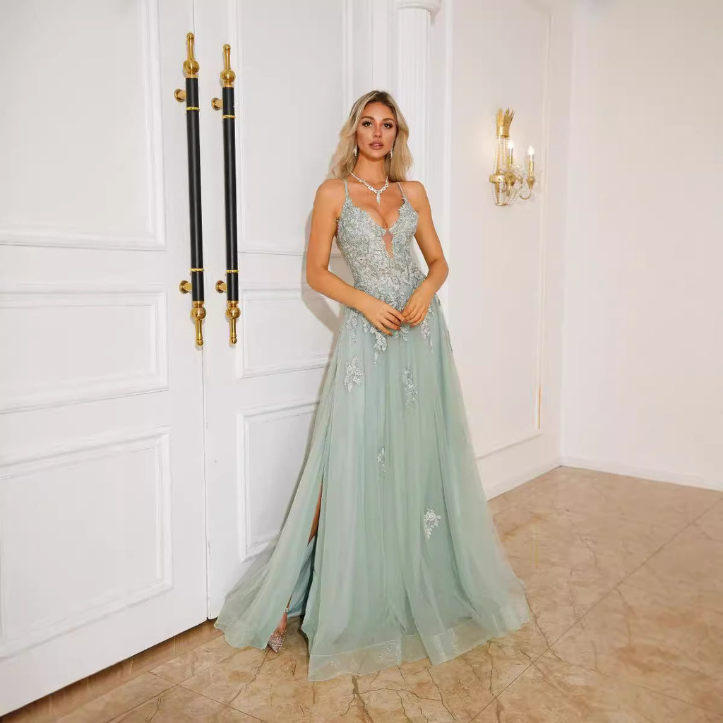 Robe de soirée longue pour femme avec bretelles, manches princesse et laçage