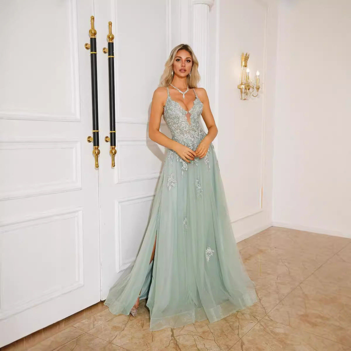 Robe de soirée longue pour femme avec bretelles, manches princesse et laçage