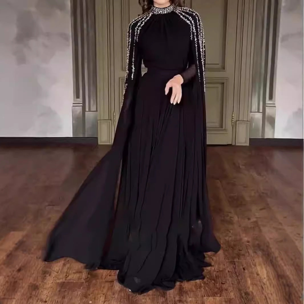 Robe longue de princesse arabe à col montant et manches longues, ornée de strass, disponible en noir, rouge et rose