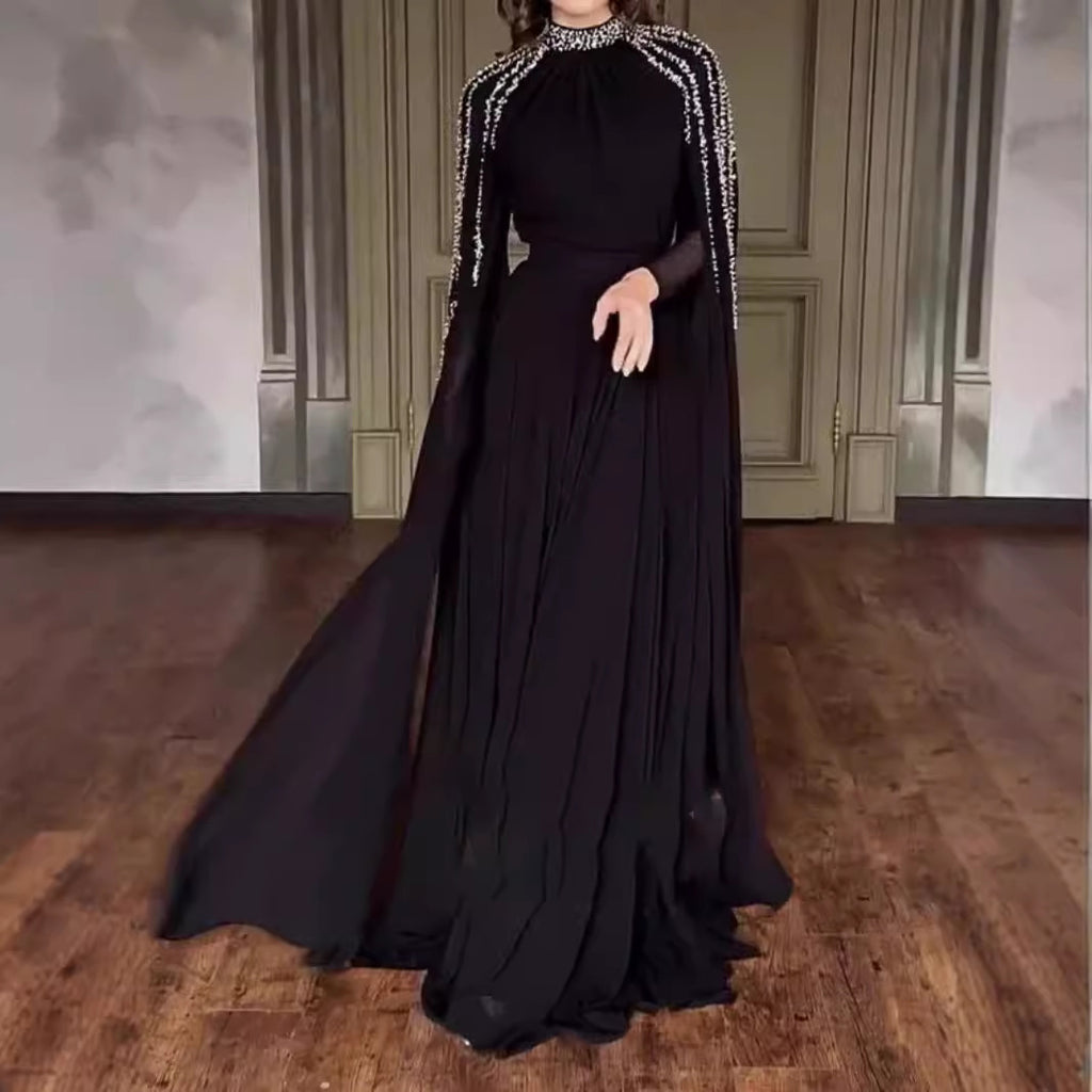 Robe longue de princesse arabe à col montant et manches longues, ornée de strass, disponible en noir, rouge et rose