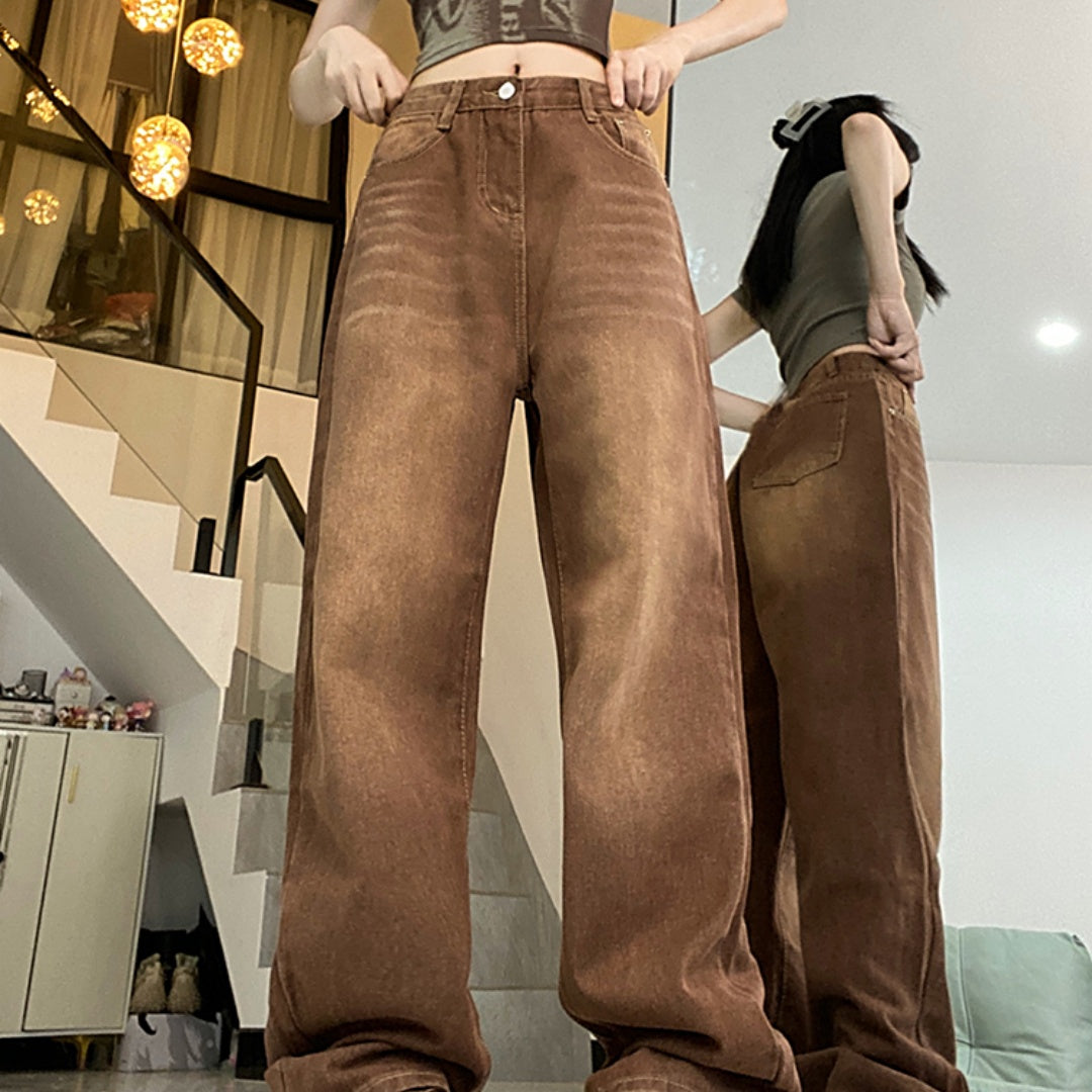 Brown Coffee Women's Straight Loose Wide-Leg Jeans Pants