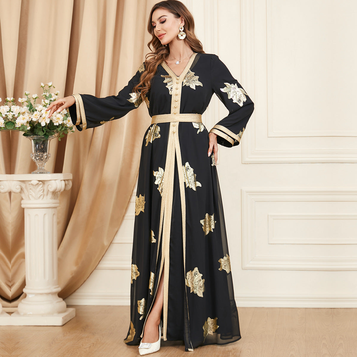 Robe deux pièces en mousseline de soie noire avec perles à ongles pour femmes musulmanes du Moyen-Orient M-XXL