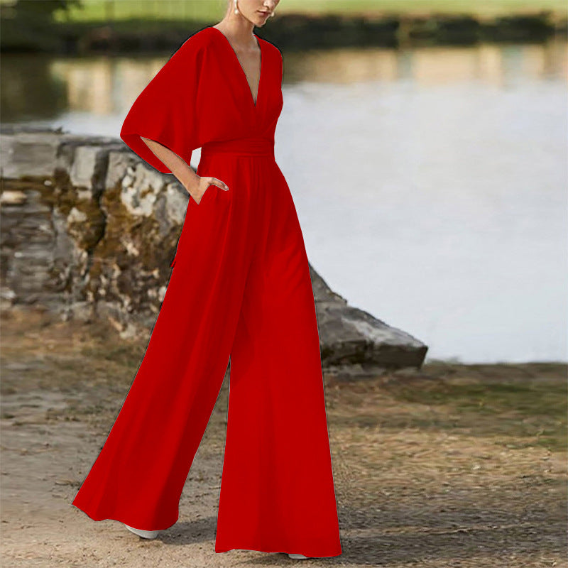 Women's Deep V High Waist Wide Leg Jumpsuit