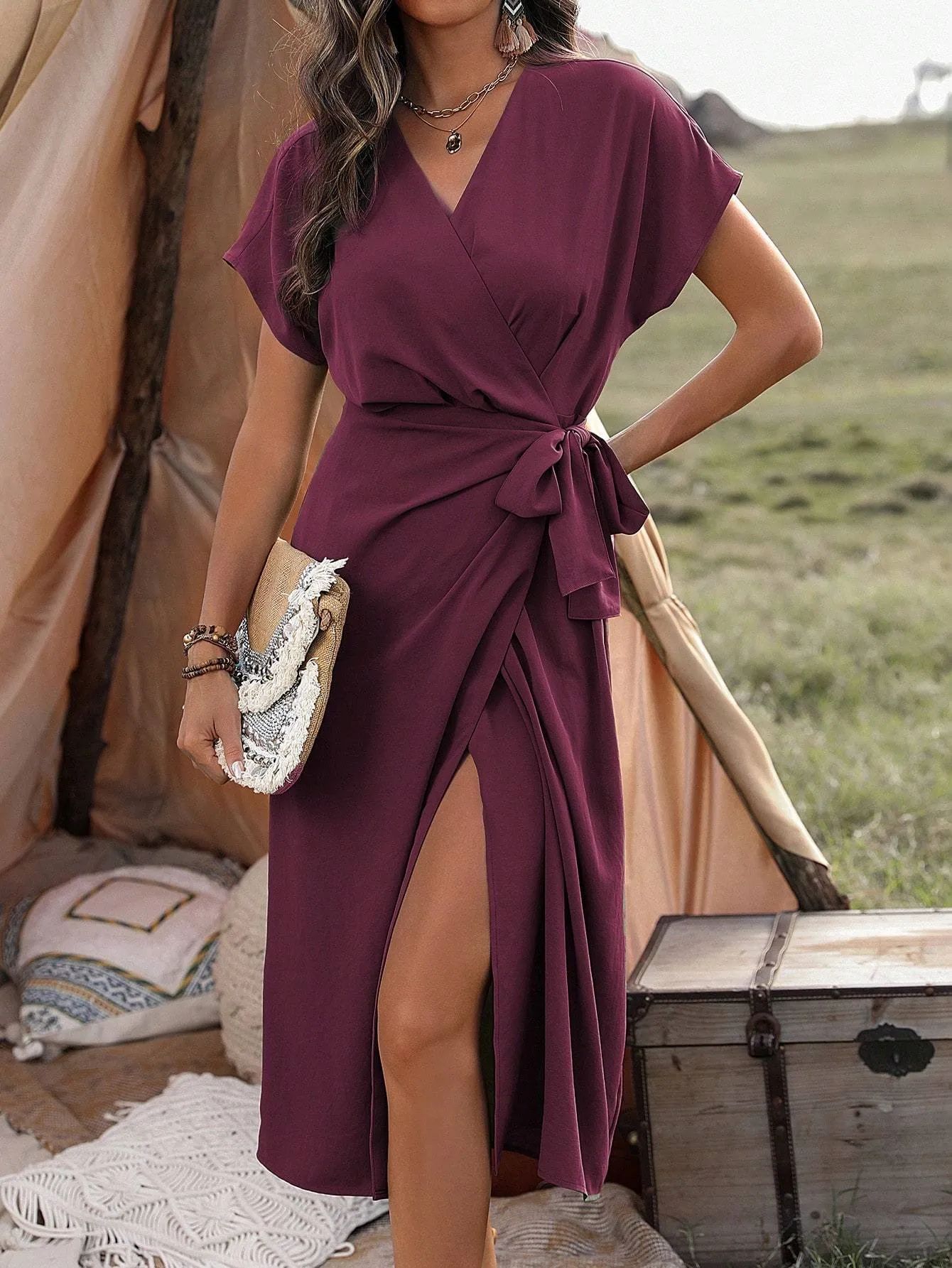 Women's Solid Color Wrap Suspender Dress Mid-Length Commuting Fashion