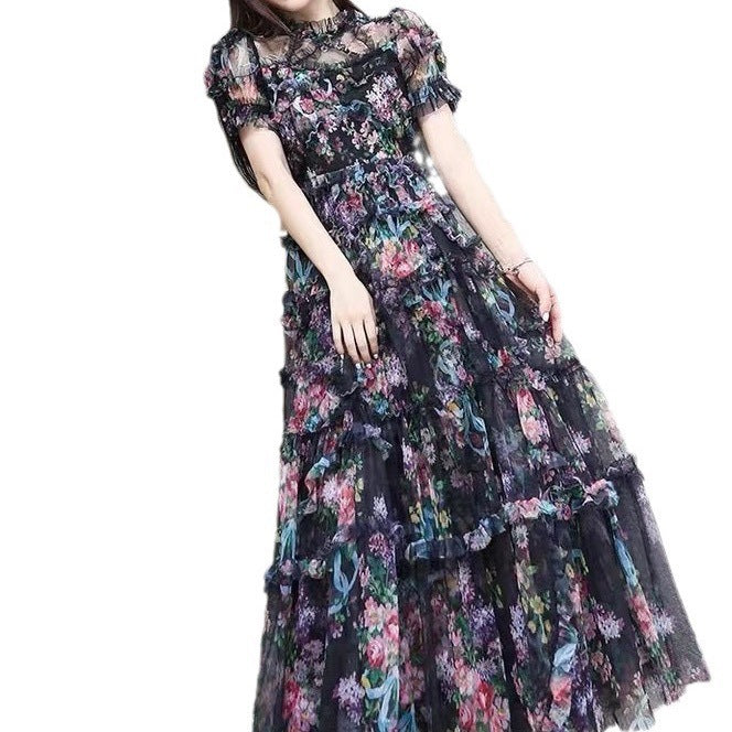 Women's Temperament Black French Floral Waist-Controlled Dress S-XL
