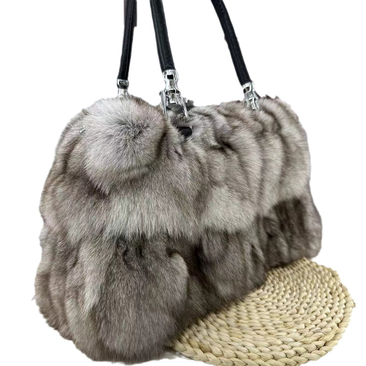 Silver Fox Fur Portable Shoulder Messenger Bag 30cm