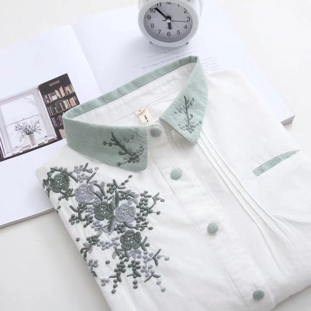 Women's Embroidered Cotton Long-Sleeve Shirt, Loose Fit