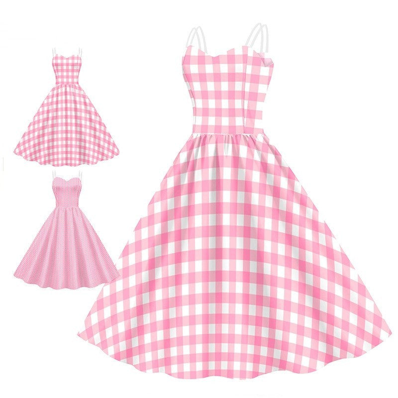 Women’s Barbie Pink Plaid Digital Print Dress