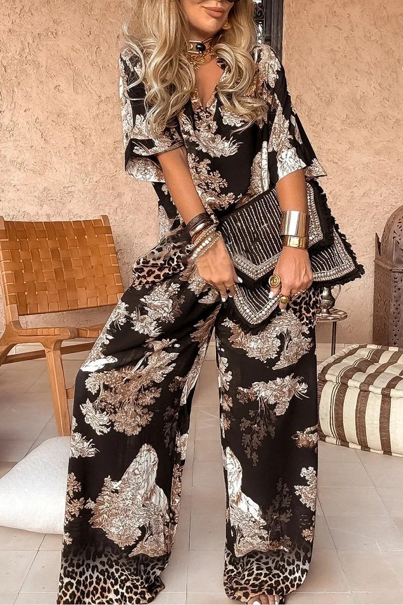 Casual V-neck Printed Short-sleeved Top Loose Wide Leg Pants 2-piece Set
