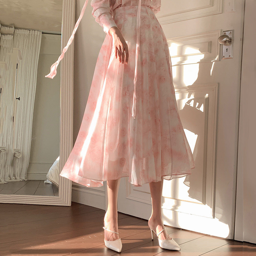 High Waist Floral Skirt Suit for Women, Blouse + Skirt Set, S-M