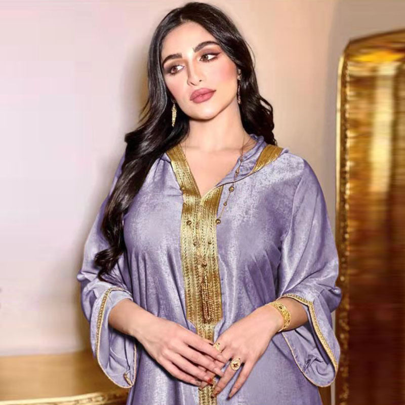 Cross-border Middle East Champagne Hooded Lace Suede Gown Muslim Abaya Women In Stock