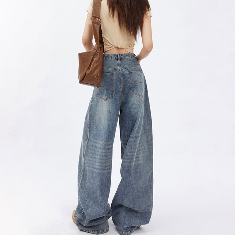 Jean large taille haute rétro bleu ample pour femme