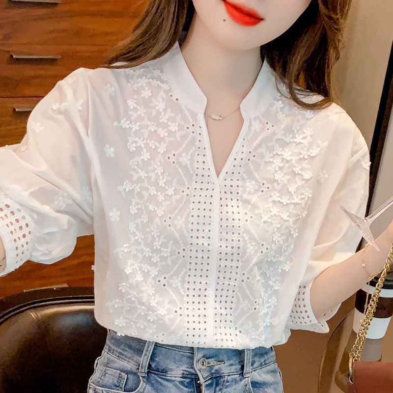 Hollow Out Embroidered Stand Collar Cotton Shirt with Lantern Sleeves