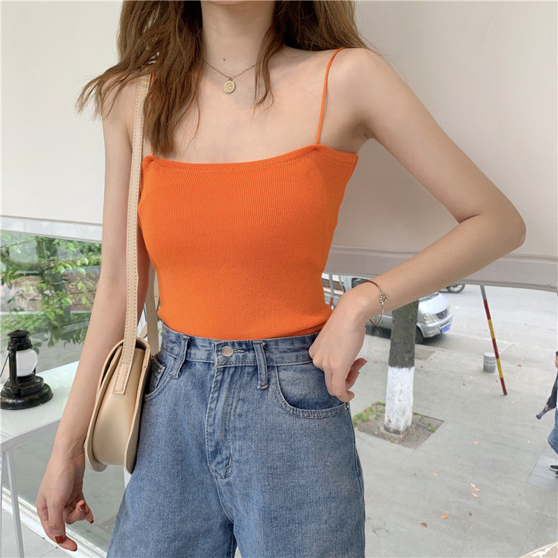 Slim Fit Knitted Spaghetti Strap Vest Outerwear Free Size