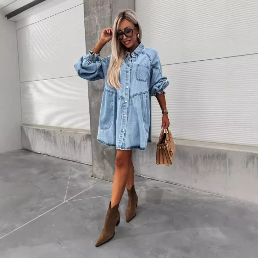 Robe boutonnée en jean à manches longues pour femmes, idéale pour le printemps et l'été