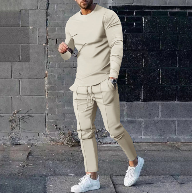 Ensemble pull col rond à manches longues coupe ajustée et pantalon cigarette à cordon de serrage pour homme