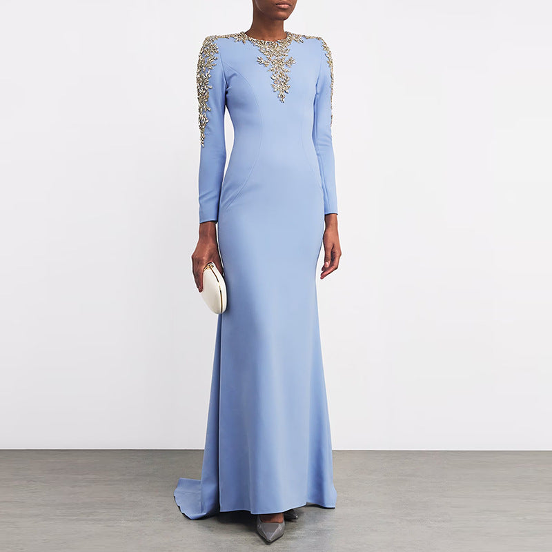 Sky Blue Heavy-Duty Beaded Diamond-Encrusted Petite Trailing Long Dress