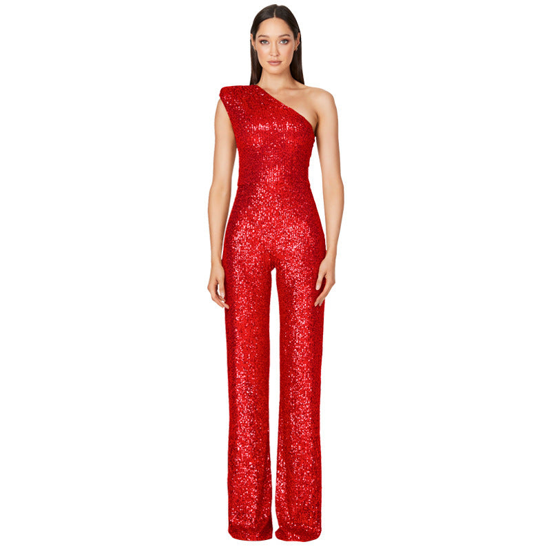 Sleeveless One-shoulder Fashion High Waist Design Sequined Jumpsuit