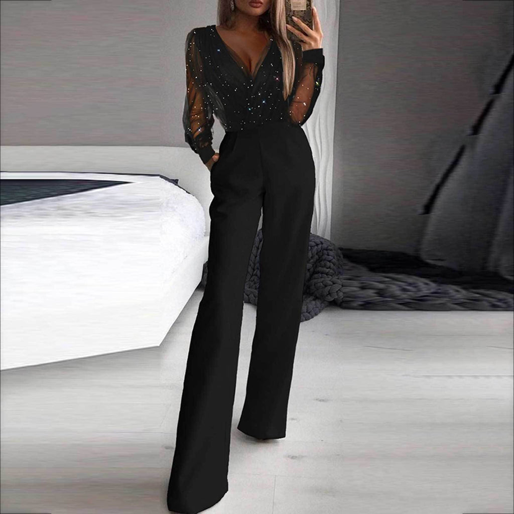 Women's Black Mesh Patchwork Jumpsuit Polyester Fiber