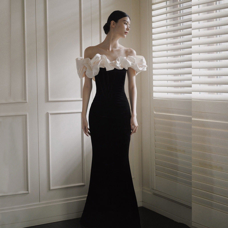 Robe de Soirée et de Mariée Sirène en Satin Français Épaules Dénudées