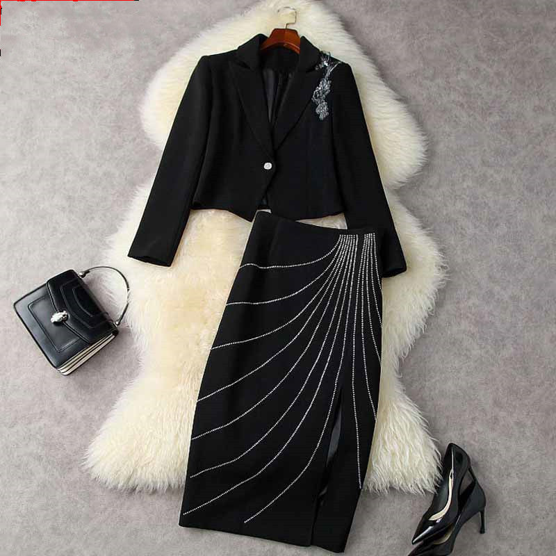 Autumn Winter Women’s Black Office Dress Suit with High Waist Skirt