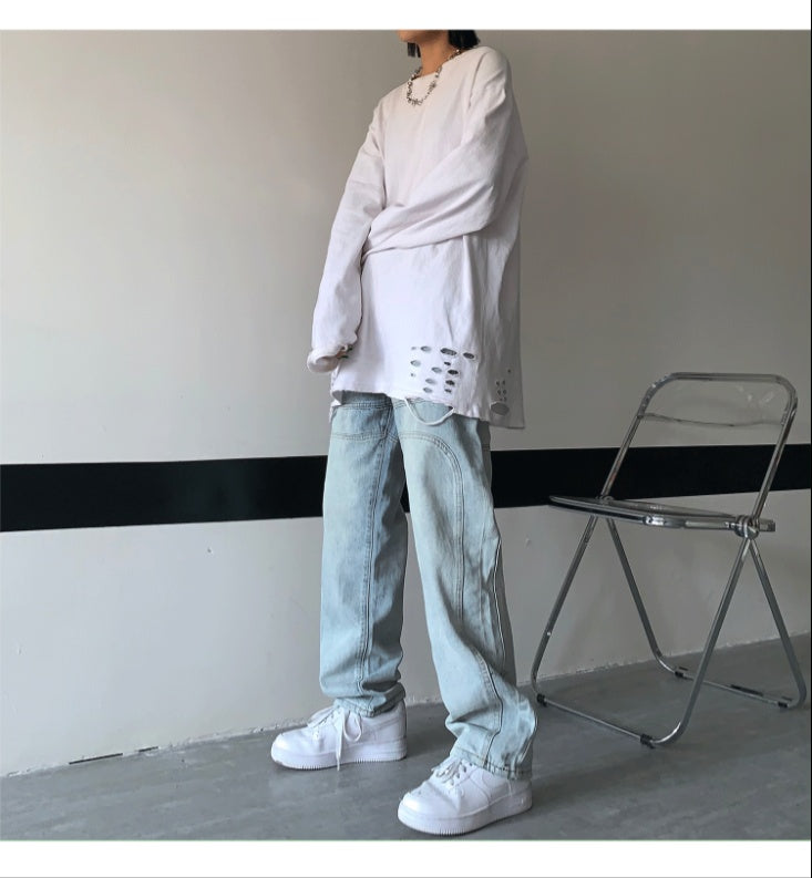 3D Washed Blue Denim High Waist Straight Jeans Trousers