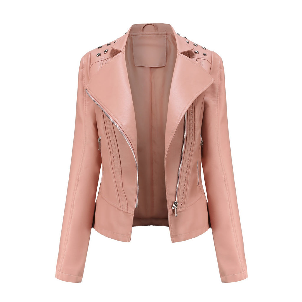 Beaded Leather Women's Long-Sleeve Lapel Motorcycle Jacket Thin Fashion Coat
