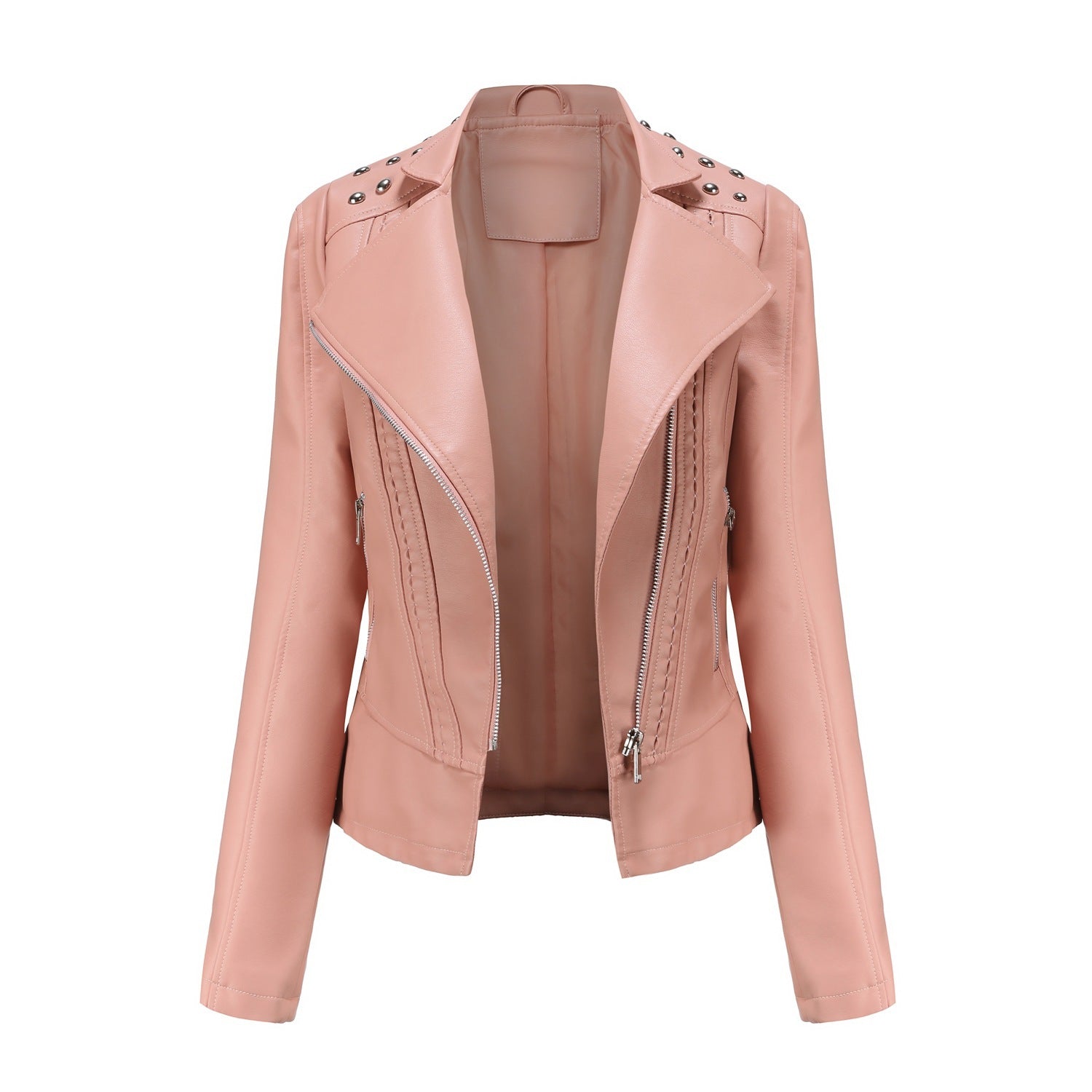 Beaded Leather Women's Long-Sleeve Lapel Motorcycle Jacket Thin Fashion Coat
