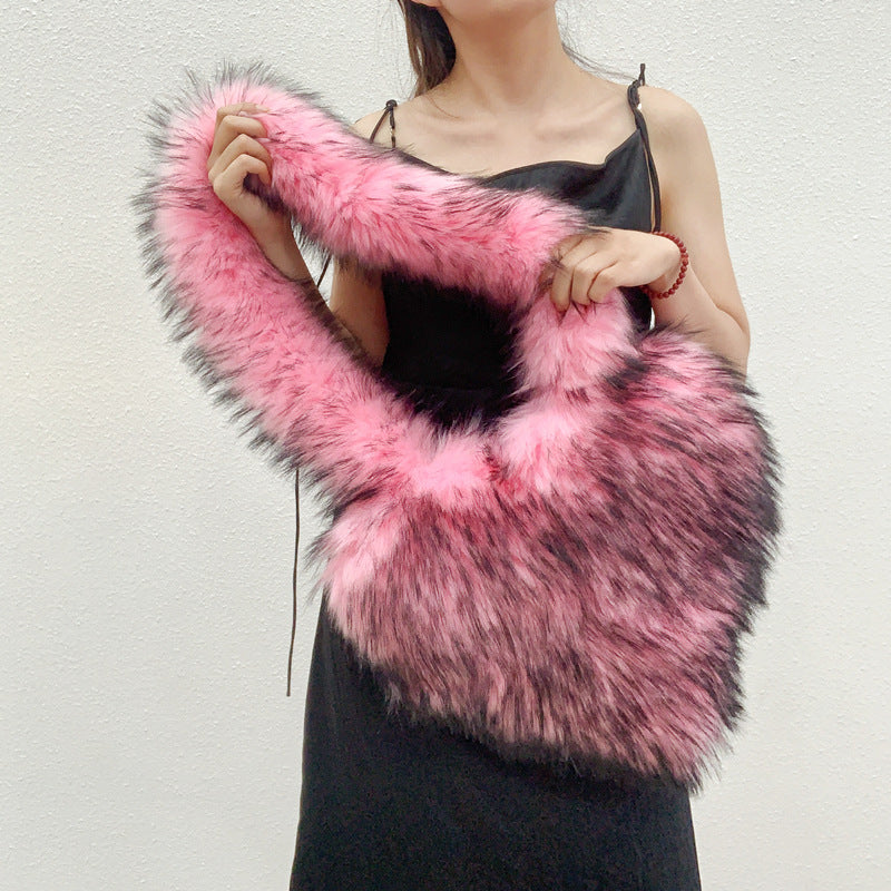 Winter Plush Heart Shape Crossbody Shoulder Bag for Women Large Capacity