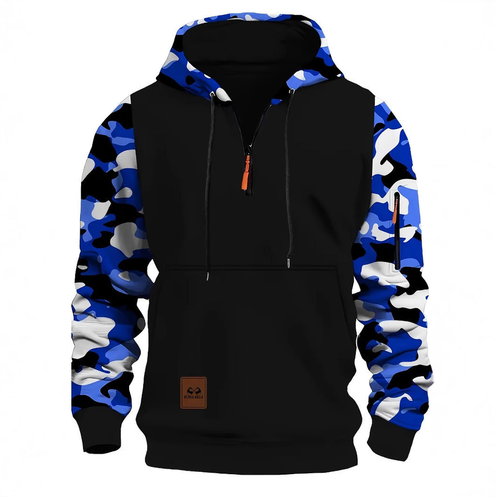 Sweat-shirt à capuche zippé vintage pour homme avec coutures et motif camouflage