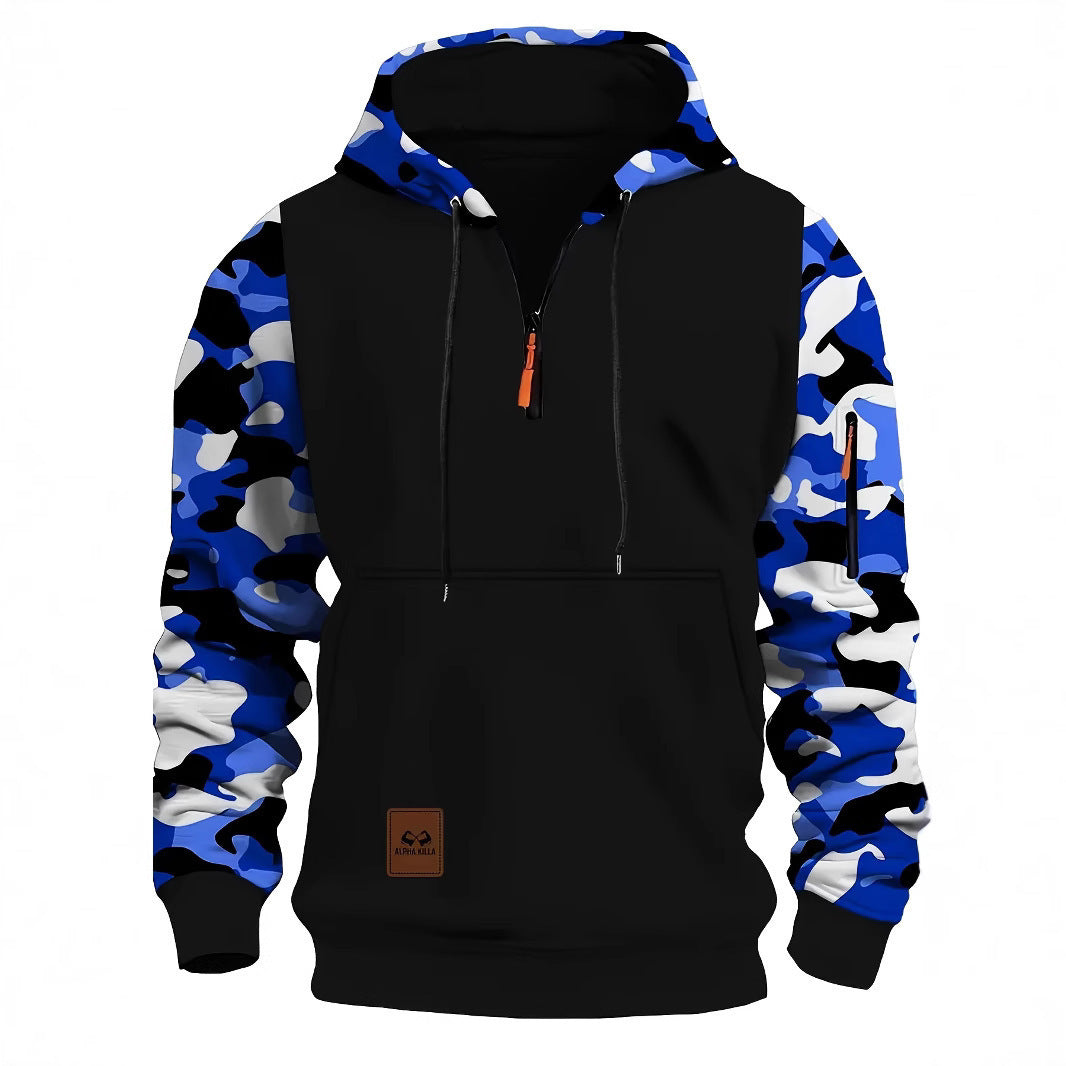 Sweat-shirt à capuche zippé vintage pour homme avec coutures et motif camouflage