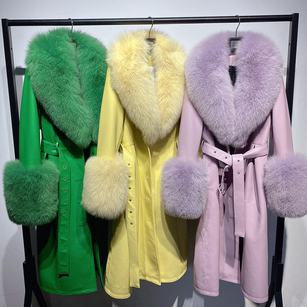 Slim-Fit Genuine Leather Sheepskin Coat with Fox Fur Collar
