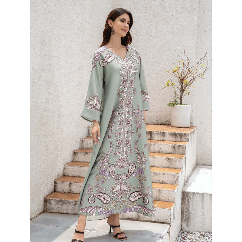Robe imprimée à col en V et manches longues en polyester argenté pour femmes musulmanes avec perles chaudes