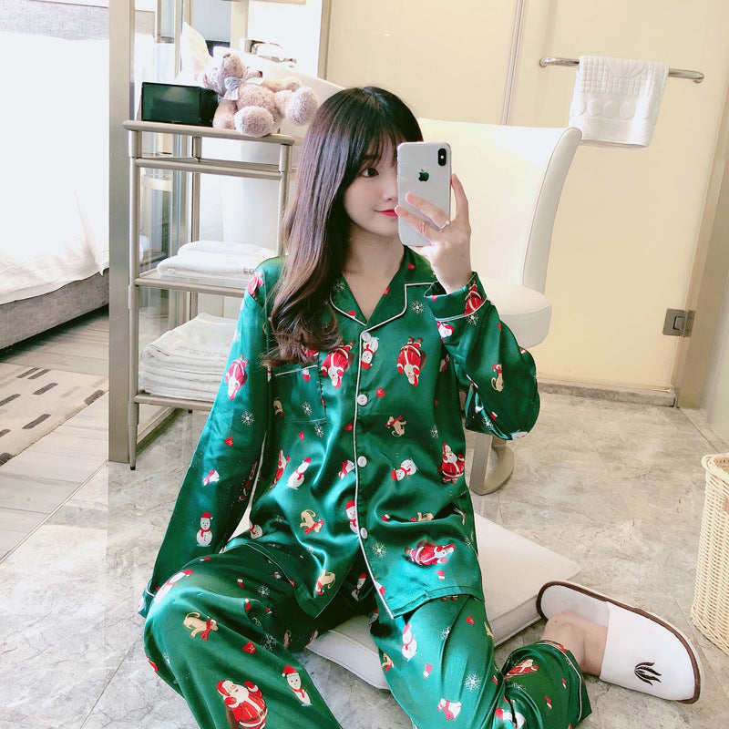 Women’s Sweet Luxury 5050 Artificial Silk Lapel Long Sleeve Pajama Set with Trousers