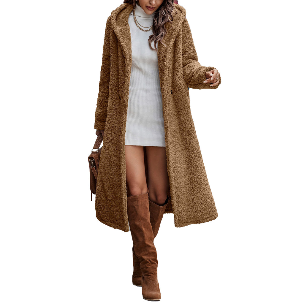 Veste à capuche en peluche marron à manches longues pour femme - Tailles S à 2XL