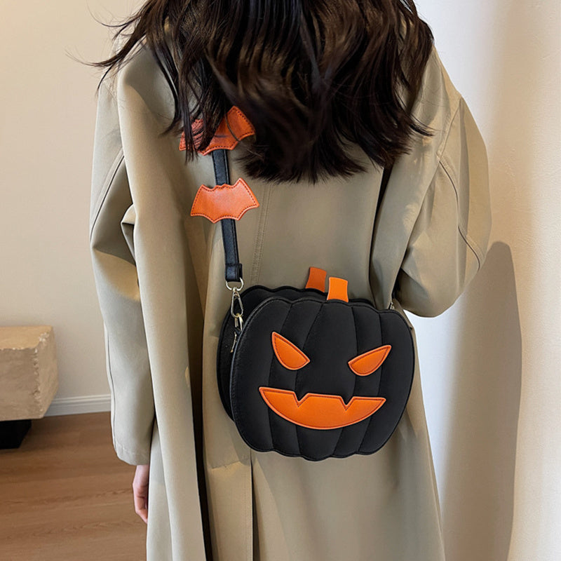 Funny Pumpkin Cartoon PU Shoulder Crossbody Bag with Bat Design for Women