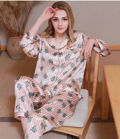 Ensemble de pyjama deux pièces en soie grande taille à manches longues printemps automne